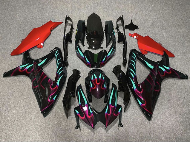 Rot & Cyan Flamme 2008-2010 Suzuki GSXR 600-750 Motorrad Verkleidungen